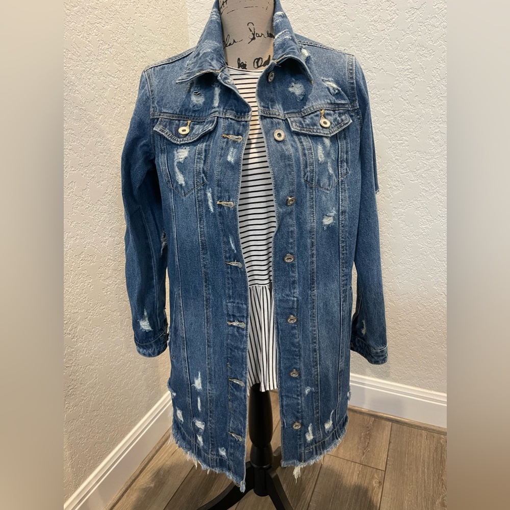 Distressed Long denim jacket
